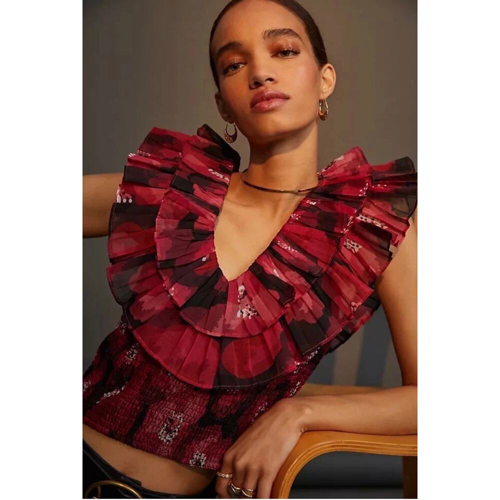 Anthropologie Red and Black Ruffled V-Neck Floral Blouse